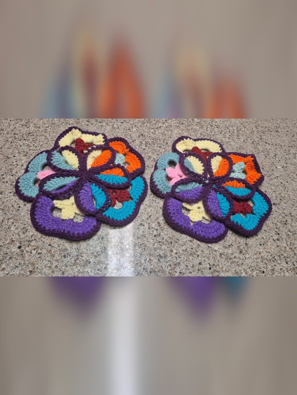 Vintage Handmade Crochet Pansy Flower Hot Pads Doilies Multi-Color 9" Set of 2